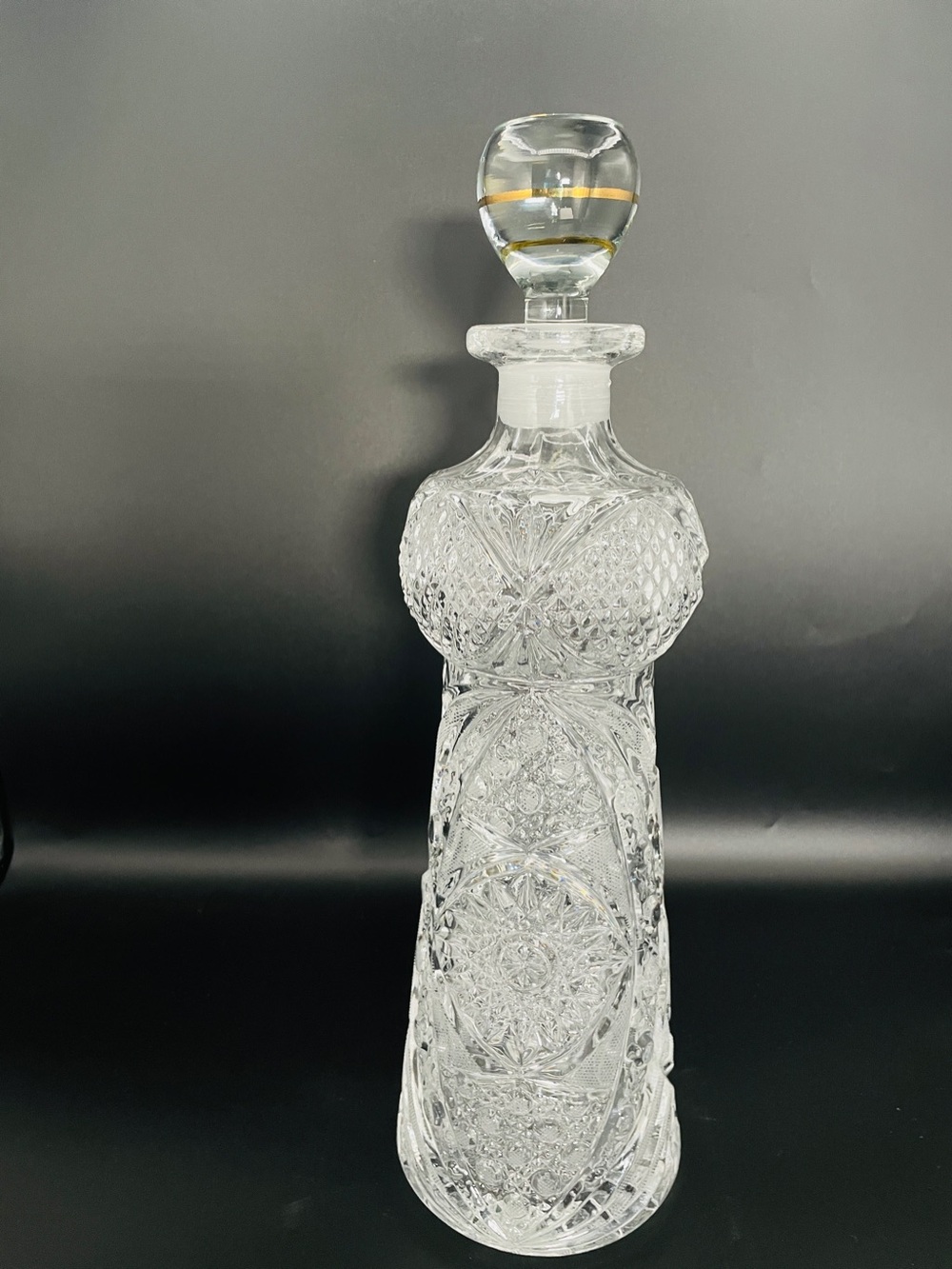 Vintage 14” Heavy Cut Glass Crystal Decanter w/ Gold Banded Ball Stopper 4 lbs